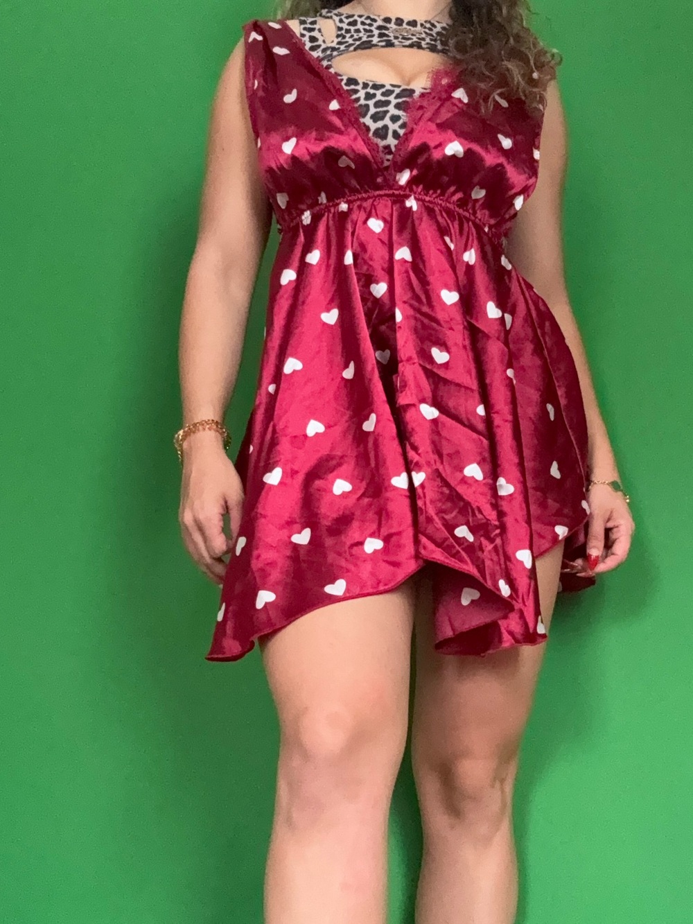 Girls' Red Heart-Print Satin Dress